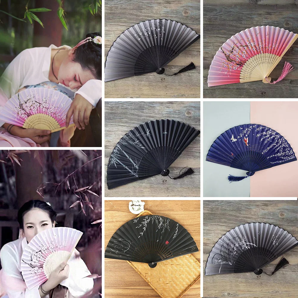 

Chinese Style Silk Folding Fan Wooden Shank Classical Dance Fan High Quality Tassel Elegent Female Fan Home Decoration