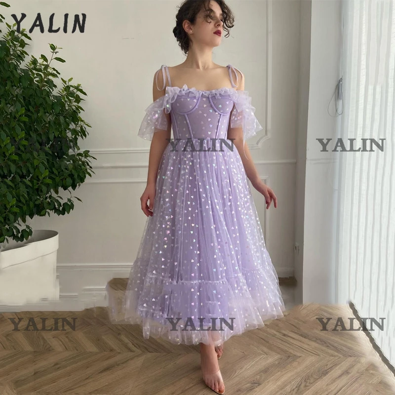

YALIN Bow Spaghetti Straps Homecoming Gown Tea-Length Hearts Pleats Lavender Tulle A-Line Prom Dress Backless formal dress