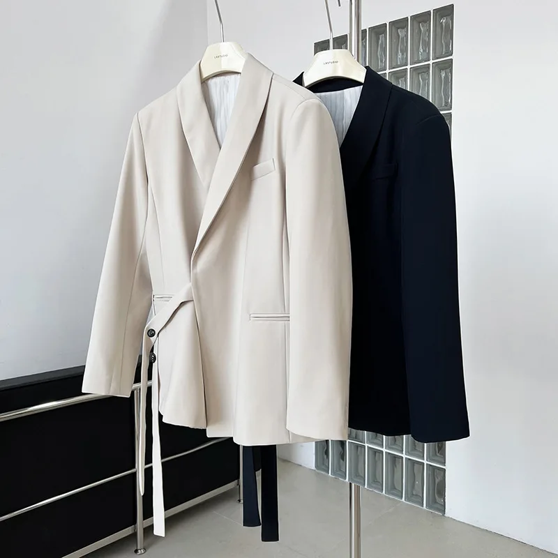 Women Designer Blazer Jackets 2023 Spring Autumn Single Button Lapel Loose Suit Jackets Female Fashion Draping Lace-up Suit Coat