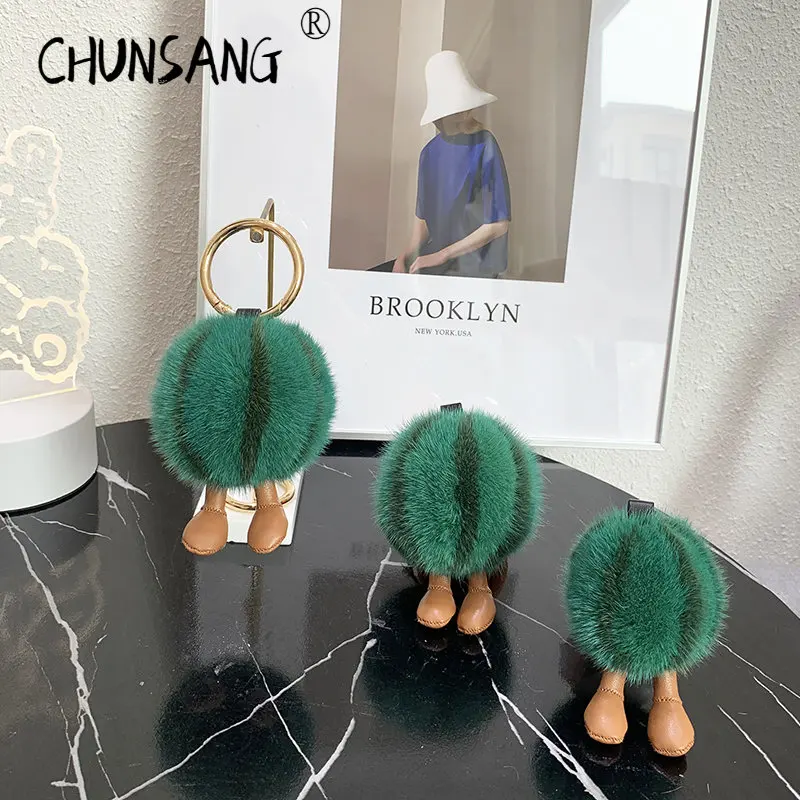 

Watermelon New In Mink Real Fur Handmade Cute Key Chain Bag Accessory Car Keychain Keyrings Gifts for Women Girl Accessories