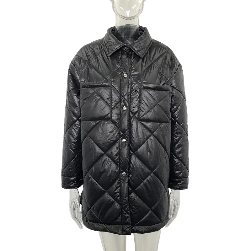 2022 Casual Argyle Coat Fashion Winter Cotton Midi Jackets Women Autumn Loose Elegant Turn Down Collar Solid Buttons Parkas