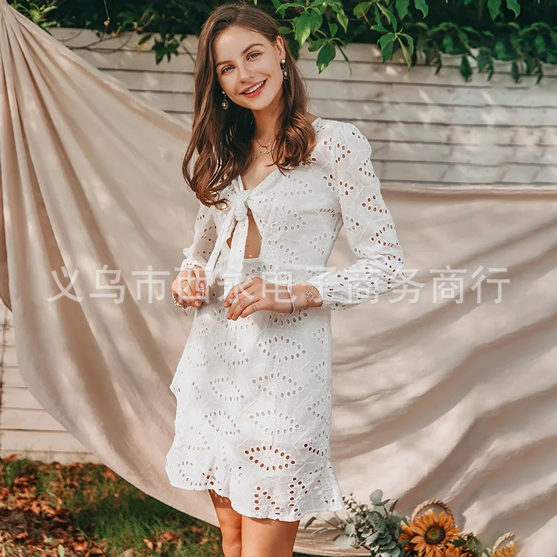 

2022 Spring and Summer New Cotton Dress Crocheted Hollow Women's Fresh Short Skirt Slim Fit