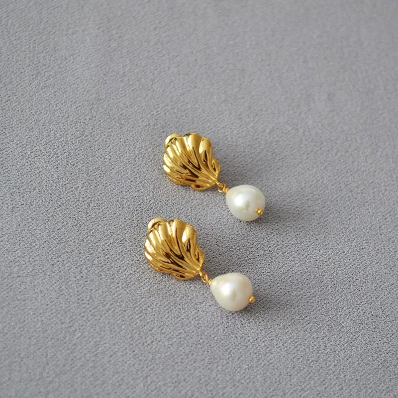 

Gold-plated Brass Vintage Earrings Summer Vacation Shell Pearl 925 Silver Needle Women Drop Earrings