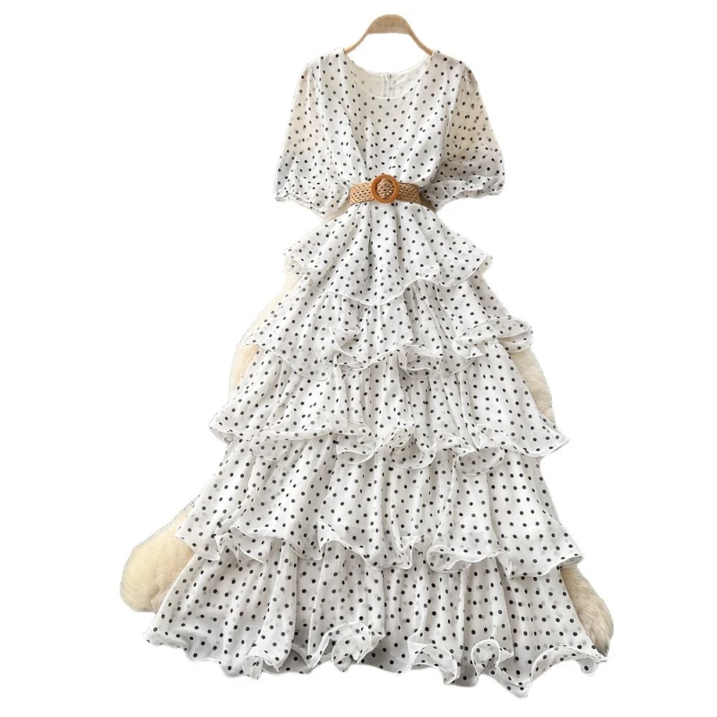 Фото Женское длинное платье Cake Dress, А-силуэт, Y2K, уличный стиль, с круглым вырезом, коротким рукавом, принтом в горошек, элегантное, для вечеринок, ночных мероприятий, работы, 2026 №5