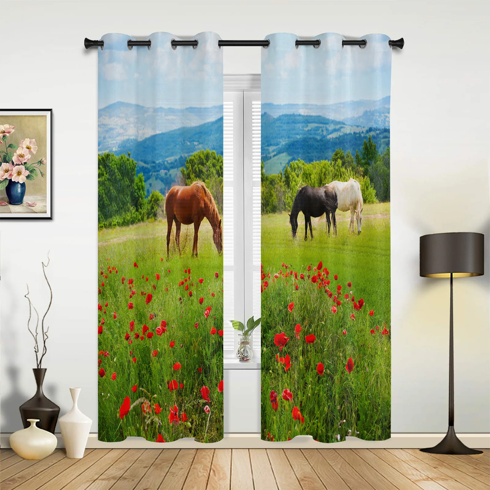 

Pasture Meadow Horses Flowers Curtains for Bedroom Living Room Drapes Kitchen Children's Room Window Curtain Modern Home Decor