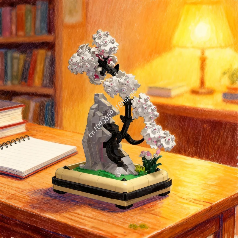 Фото 524 детали MOC Botanicals Sakura Black Bonsai A Rock, конструктор, развивающая игрушка, идея для подарка на Рождество, DIY, строительные блоки №1