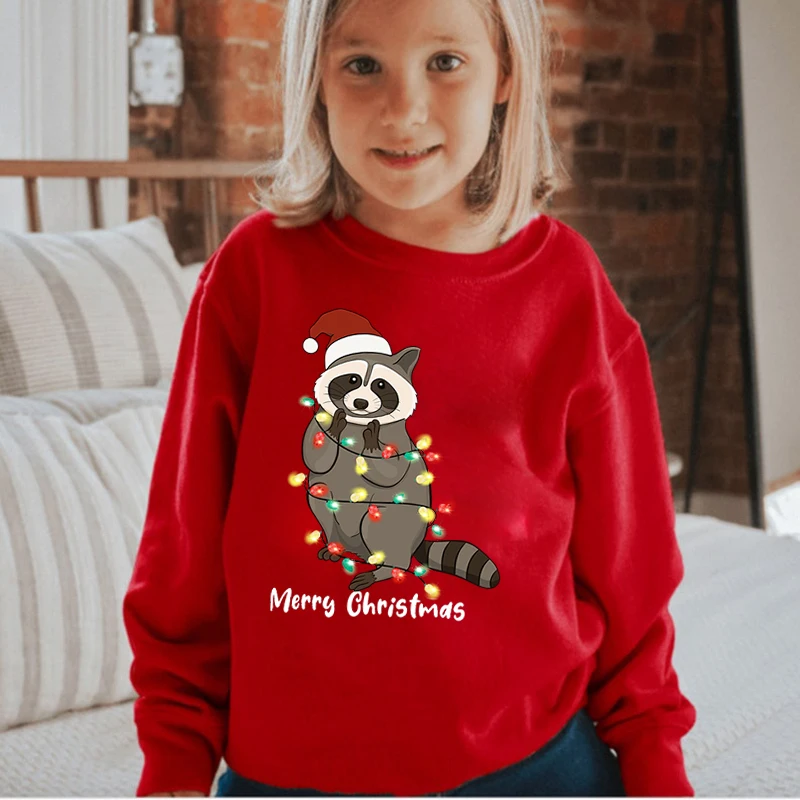 Merry Christmas Animal Raccoon Print Hoodie Children's Loose Round Neck Pullover Hoodies Clothing Christmas Print Sweatshirts