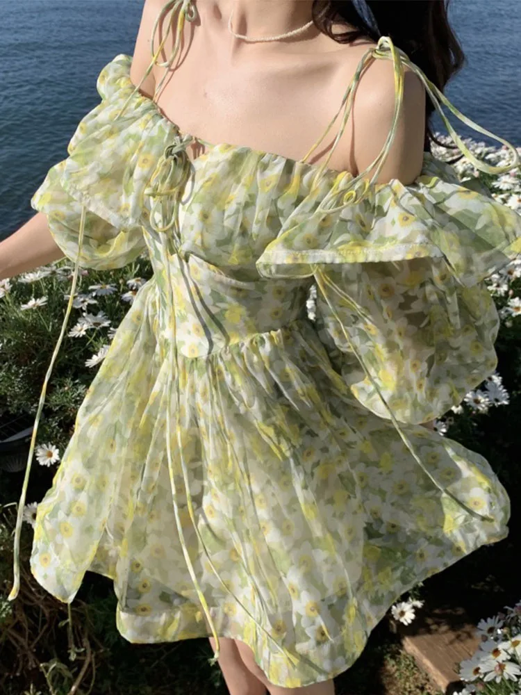 

Women Vacation Dress Sexy Thin Slash Neck Off Shoulder Floral Dresses 2022 Summer Ruffles Backless Beach Suspenders Frock Female