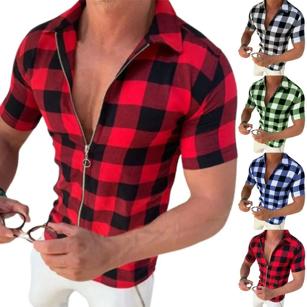 

40%HOTMen Shirt Turn-down Collar Plaid Cardigan Anti-pilling Summer Top for Work