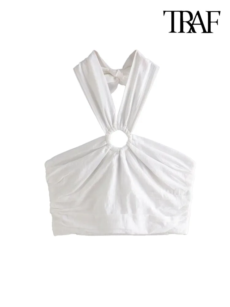 

Сексуальная Женская майка TRAF с кольцом, воротником хомутиком, винтажная эластичная майка с открытой спиной и завязками, Женская майка