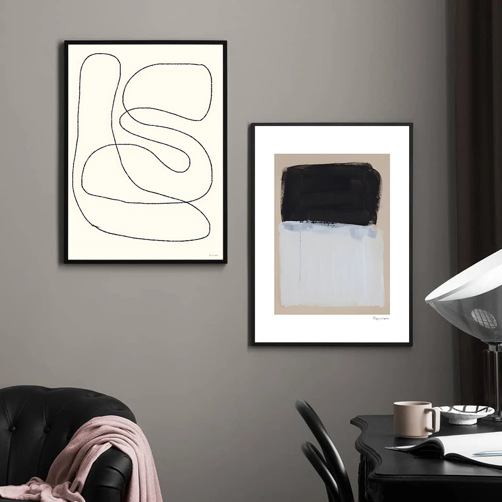 Художественный плакат Геометрическая линия лист в нордическом стиле черно-белые