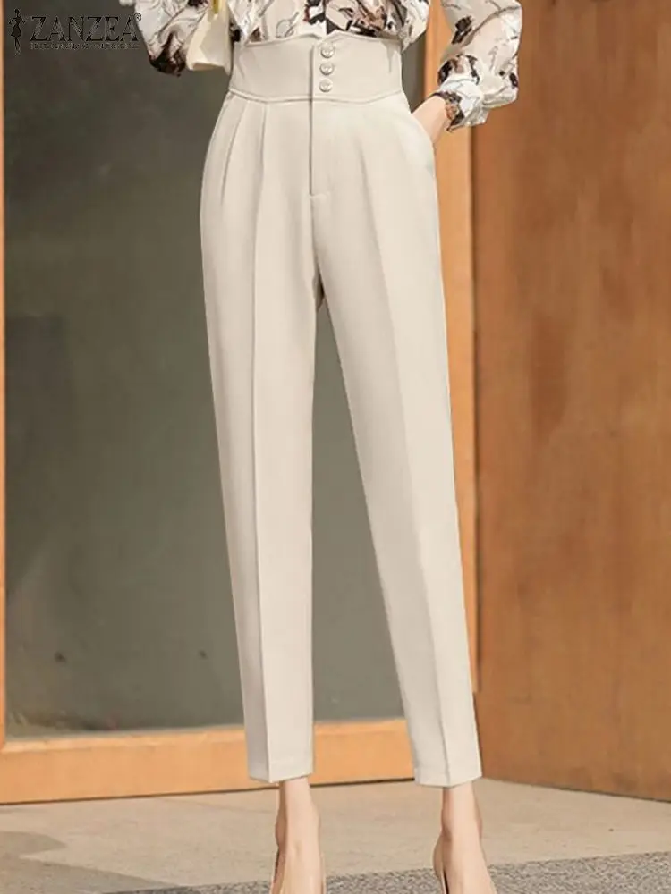 

Брюки ZANZEA женские с завышенной талией, повседневные однотонные укороченные брюки на пуговицах, модные элегантные офисные штаны в Корейском...