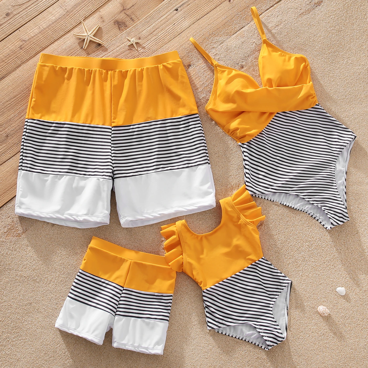 PatPat Family Matching Outfits Swimsuit Striped Colorblock Swim Trunks Shorts and Spaghetti Strap Splicing One-Piece Swimsuits