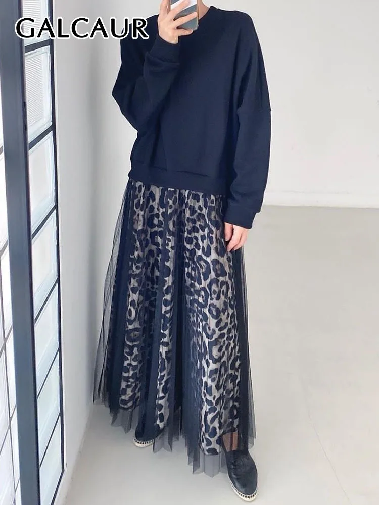 

GALCAUR Leopard Print Dresses For Women Round Neck Long Sleeve Casual Patchwork Mesh Dress Female Summer Fashion Clothes 2022