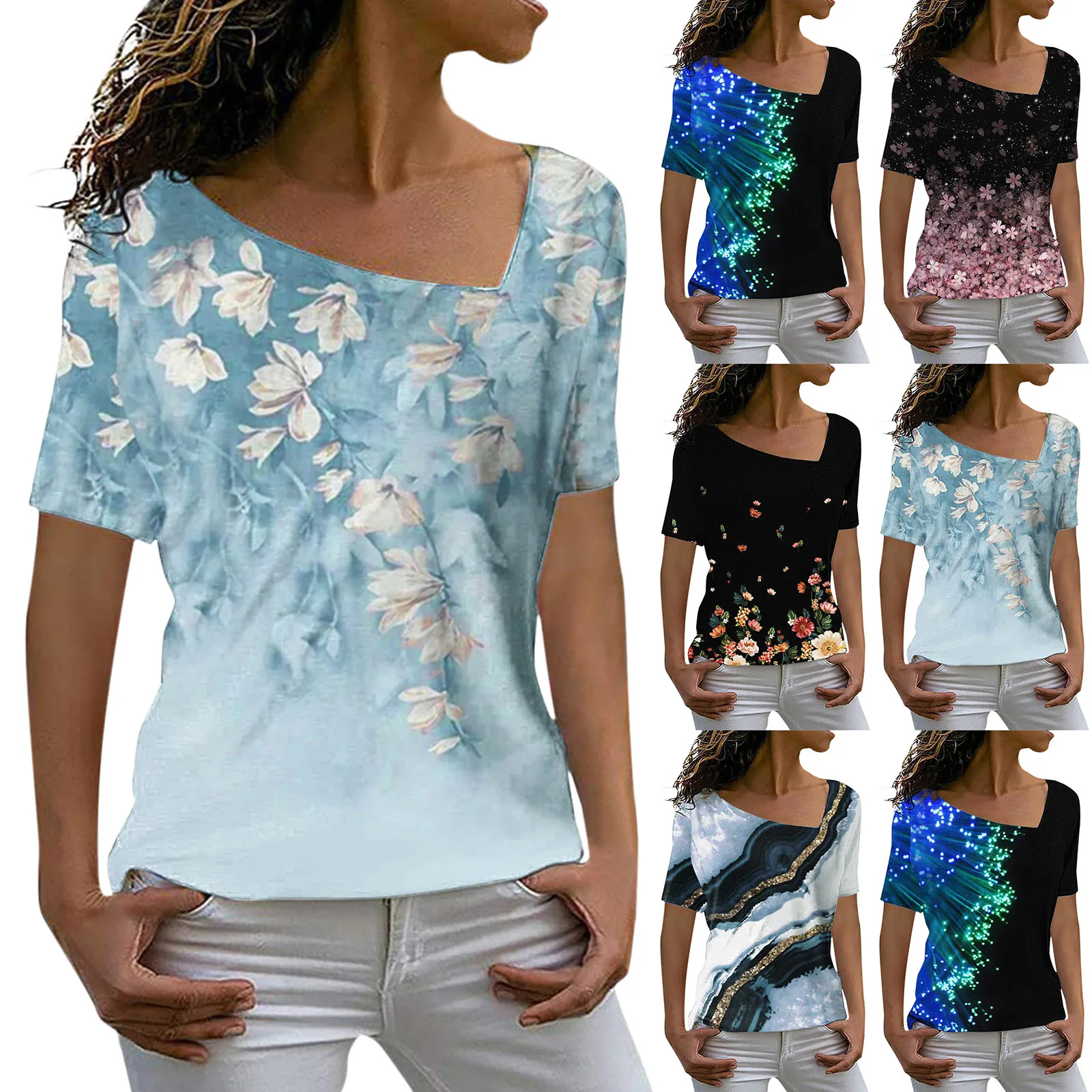 

2022 Summer T Shirts Tops For Women Short Sleeve Fashion Casual Solid Printed Tee Shirt Block V Neck Ladies Blouses ropa mujer