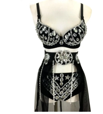 

Fashion Sexy Handmade Rhinestone Bikini Set ( Bra + Short + Skirt) 3 Pieces Female DJ Singer Costumes Performance Dance Outfit