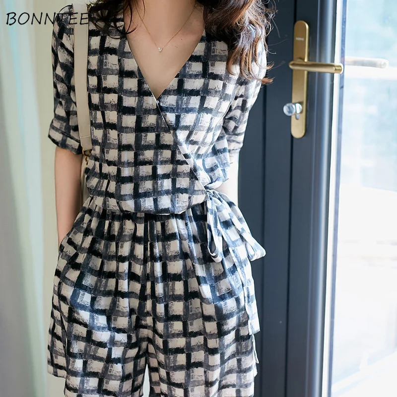 

Rompers Women Plaid V-neck Korean Version Y2k Harajuku Temperament Clothes Summer BF Design Vintage Bandage Preppy Baggy Empire