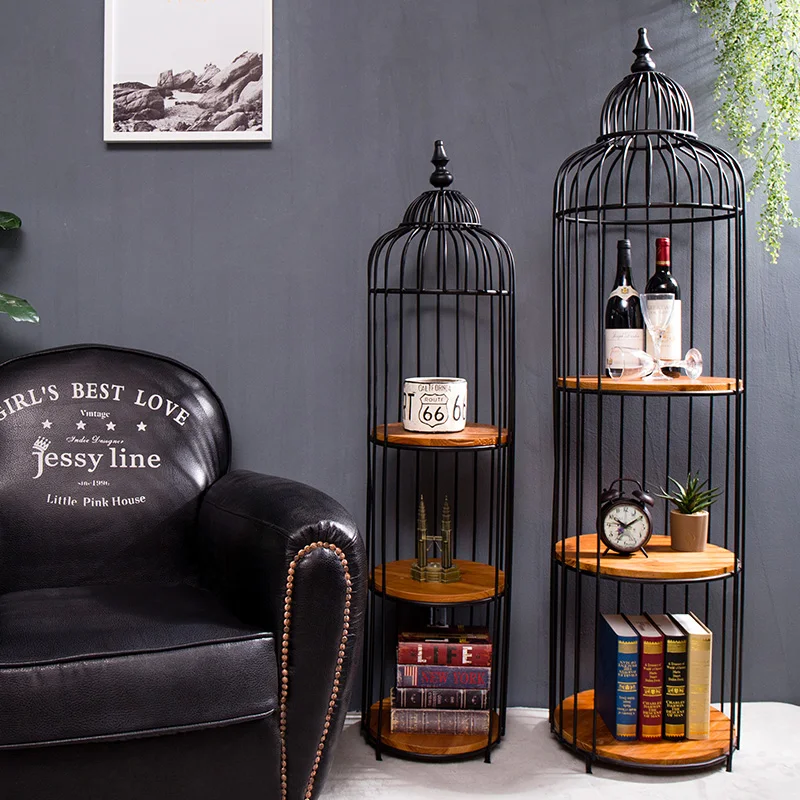 

CD Rack Retro Iron Art Floor Bird Cage Storage Rack Bedroom Creative Storage Rack Simple Crafts Living Room Decorations Bookcase