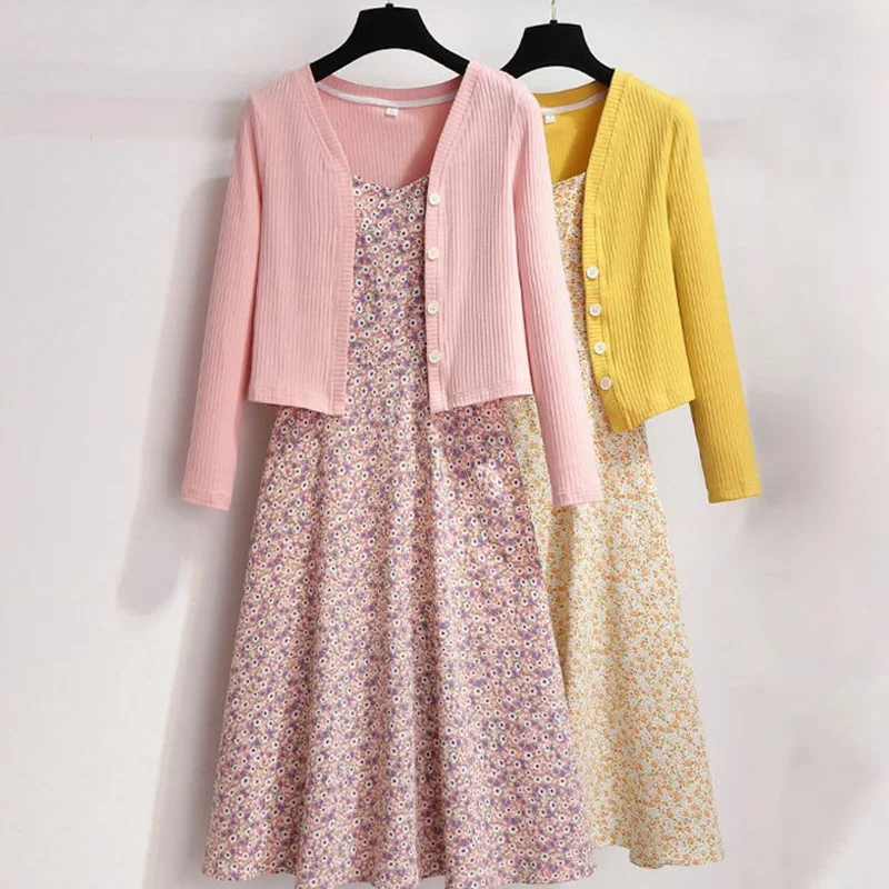 

SIKETU print dress cardigan set Ladies Dress Suit Summer Sunscreen Knit Cardigan High Waist Casual Floral Sling Dress