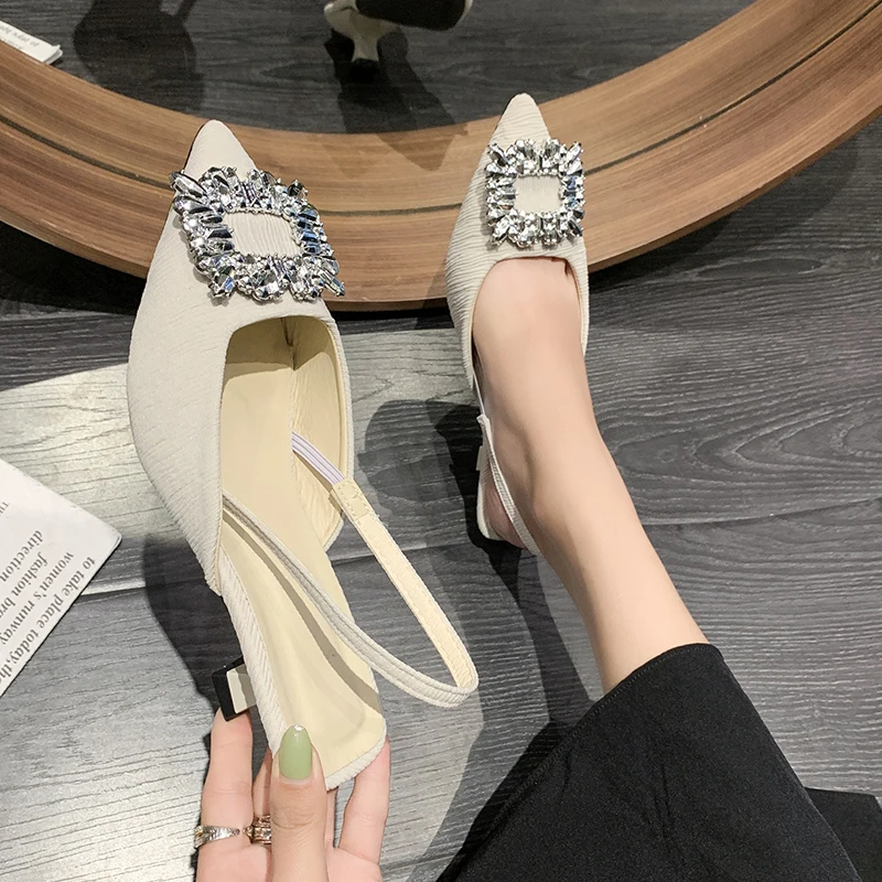 

High Heel Sandal for Women Shallow Mouth 2022 Summer Buckle Female Shoe Med High-heeled Comfort Fashion New Girls Beige Rhinesto