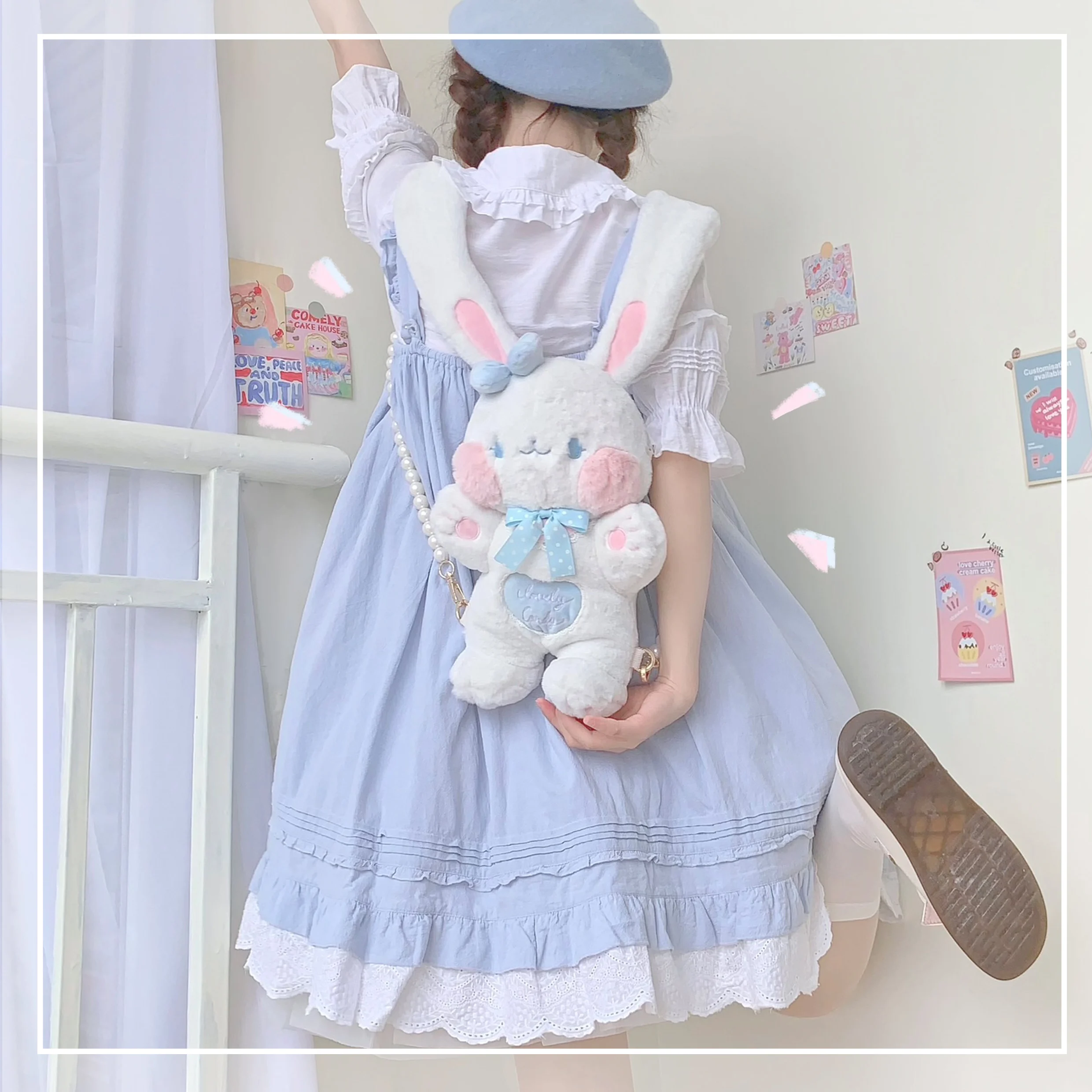 

Lolita Girl Lovely Pink Long Ear Rabbit Cosplay Plush Doll Handbag Shown Itabag Kawaii Backpack Handmade Women Messenger Bags