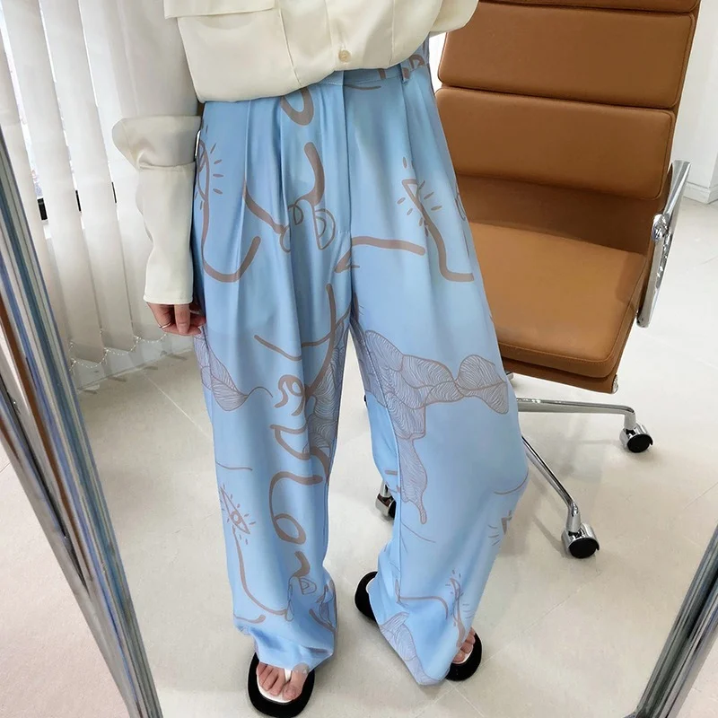 

Women 2021 Summer Blue High Waist Drape Satin Mopping Pants Women Summer Loose Wide-leg Pants Graffiti Printed Ice Silk Trousers