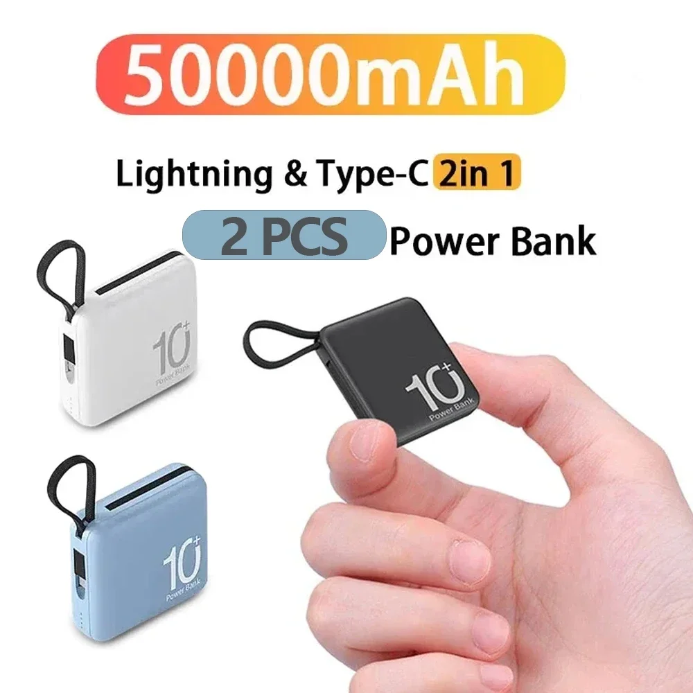 

2pcs Multicolored Power Bank 50000mAh Portable External Battery Pack Built in Cable Powerbanks Spare Battery For iPhone Samsung