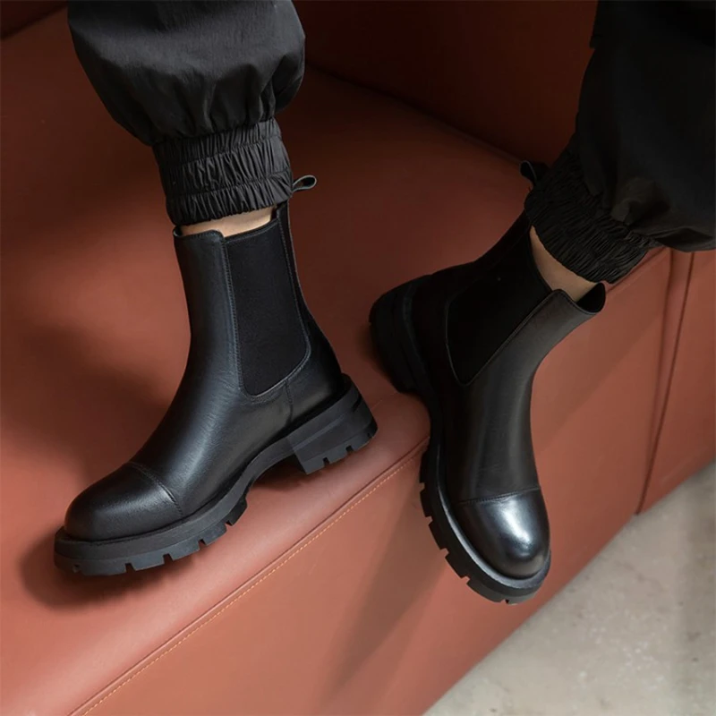 

NEW Fall/Winter Shoes Women Leather Ankle Boots Women Round Toe Thick Heel Women Shoes Solid Chelsea Boots Casual Women Boots