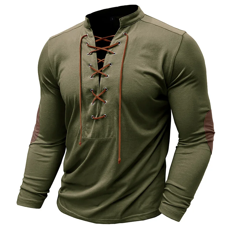

Vintage Mens Top Fall Casual Stand Collar Loose Lace-up T Shirts For Men Clothing Long Sleeve Drawstring Design T-shirt Pullover
