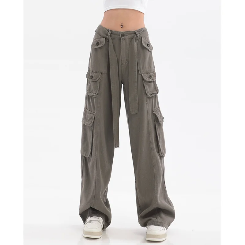 

Women's Cargo Jeans Vintage Street Multiple Pockets High Waist Casual Fashion Wide Leg Pants Baggy Ladies Denim Trouser Sum