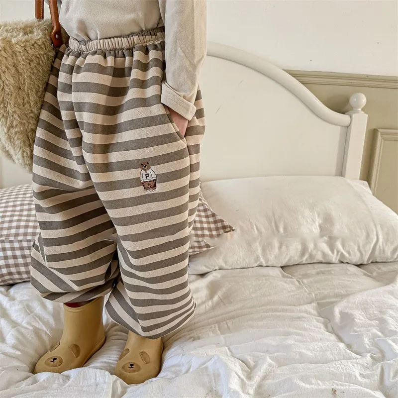 

Осенние флисовые повседневные штаны для девочек и мальчиков; Зимние спортивные штаны; Детские свободные штаны-шаровары в полоску; Брюки с в...