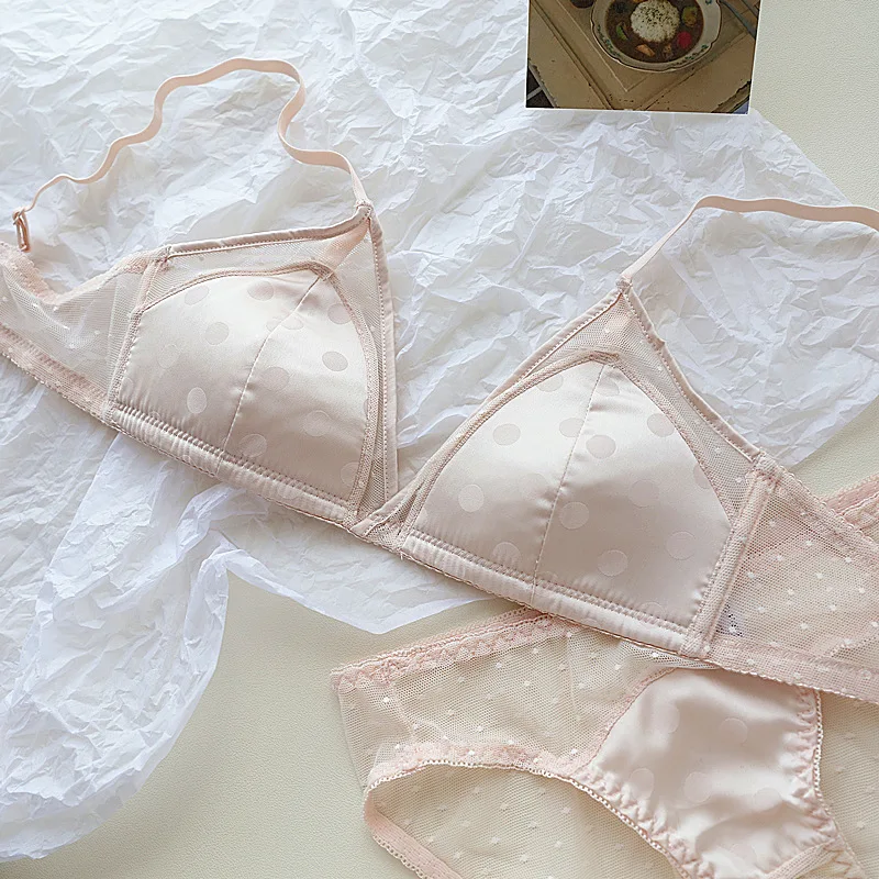 

French Sexy Girls' Underwear Suit Summer Triangle Cup Lingerie Sets Cotton Dot Design No Steel Ring Gathering Fashion Bras Set