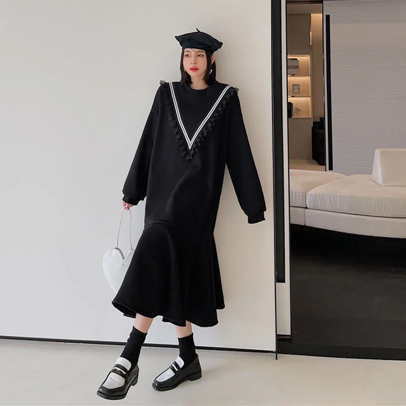 

Женское длинное платье с капюшоном, черное свободное платье составного кроя с длинным рукавом, длинное платье в Корейском стиле, Осень-зима 2023