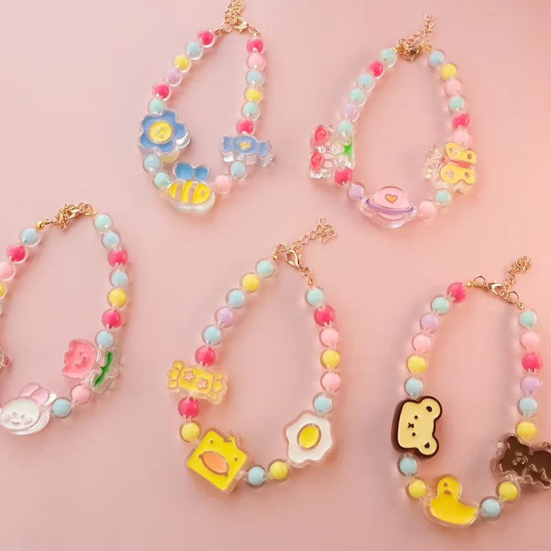 

Colorful Transparent Pearl Cat Dog Collar Egg/Bear/Duck/Rabbit/Strawberry Pendant Cute Kitten Puppy Necklace Photo Accessories