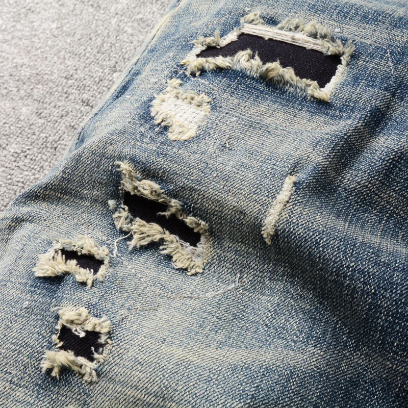 Fashion Designer Men Jeans High Quality Retro Blue Elastic Slim Fit Ripped Jeans Men Hole Patched Vintage Denim Pants Hombre