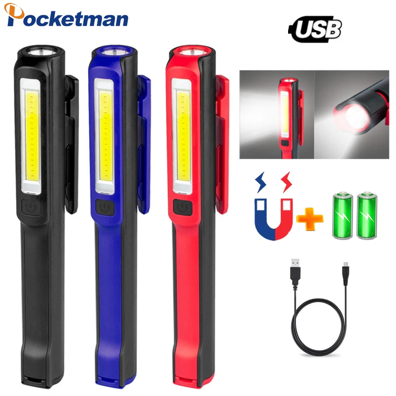 

Pocketman USB Rechargeable Flashlight COB Magnetic Pen Lamp Hand Torch Lanterna Work Light For Camping Lanterns Car Repair Lamp