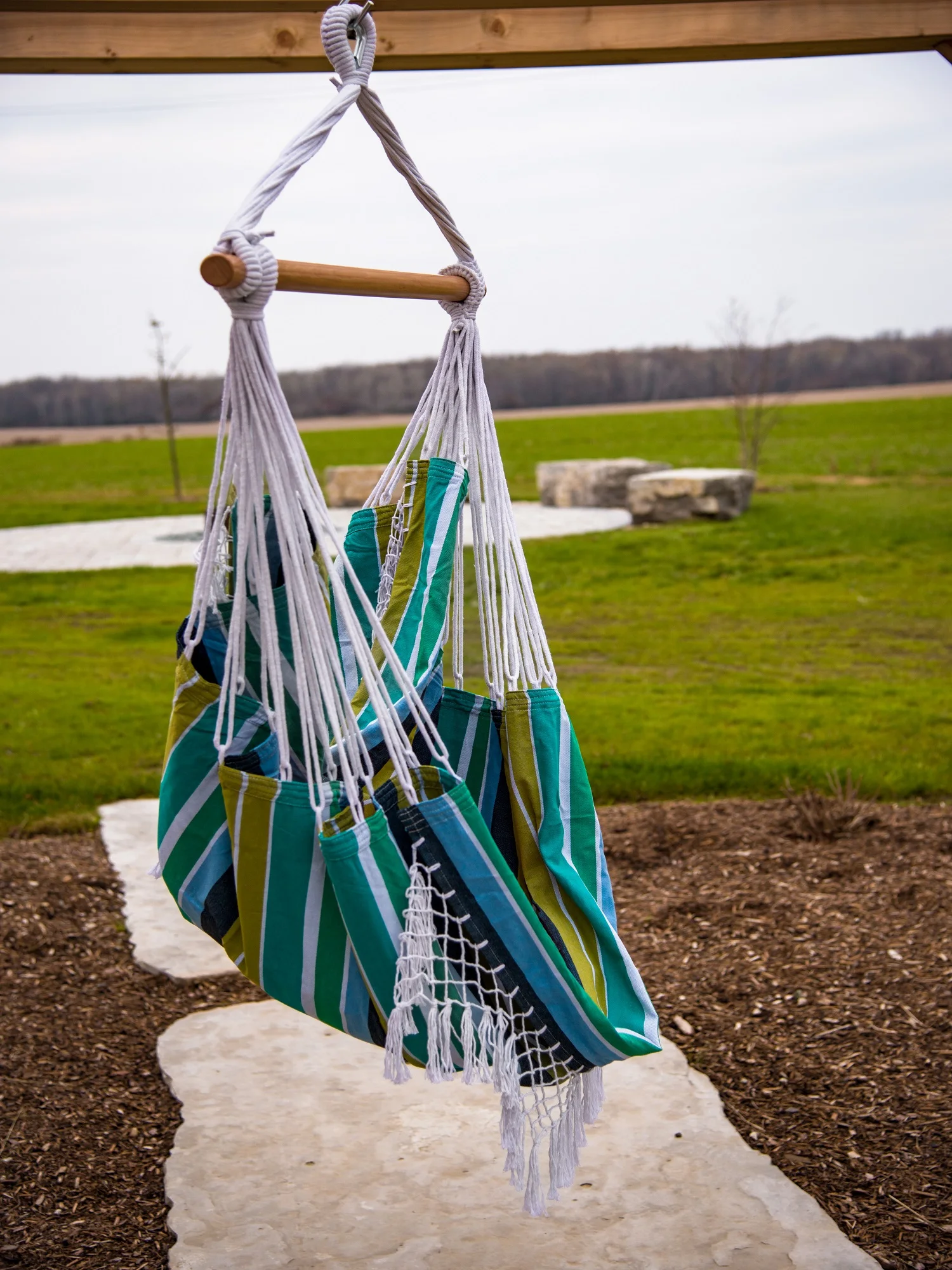 

72” Blue and Yellow Brazilian Style Hammock Chair with a Hanging Bar