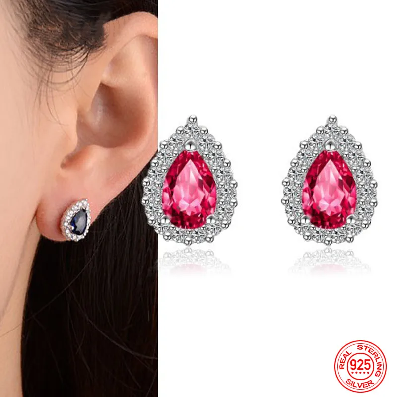 

925 Sterling Silver Charm Oval Red Crystal Earrings For Women Fashion Wedding Jewelry