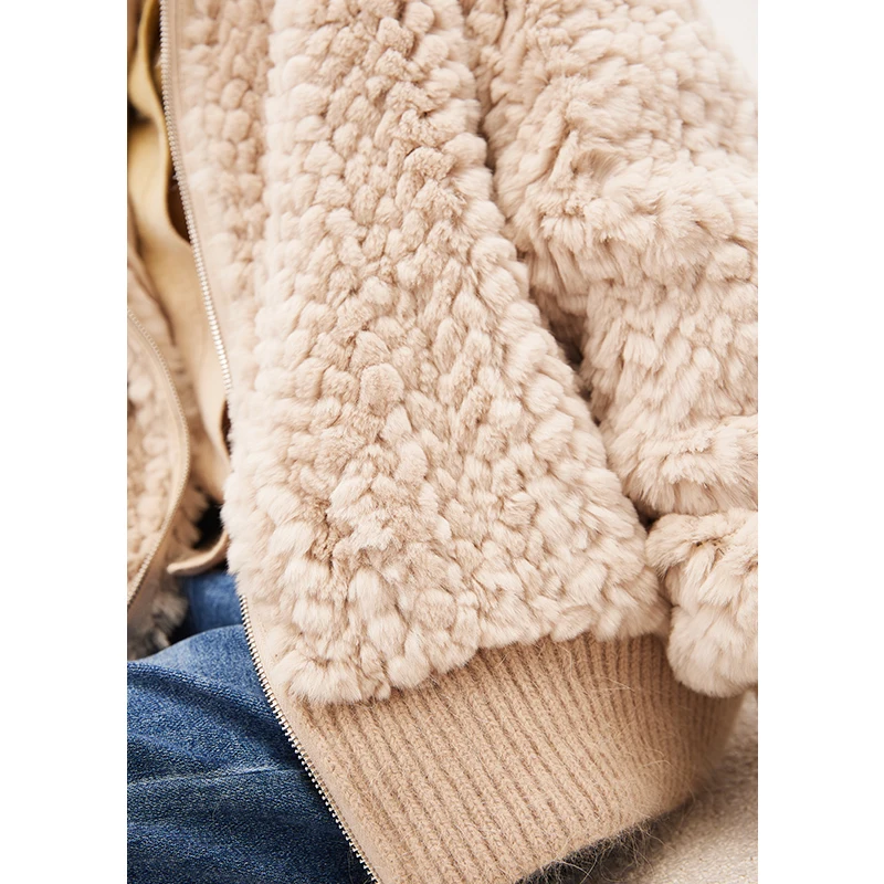 2022 Pink Rabbit Fur  Winter Coat Women Real Casual Hooded Jackets  Zipper  Thick Warm Fur  Wide-waisted  Knitted  with Fur Hood