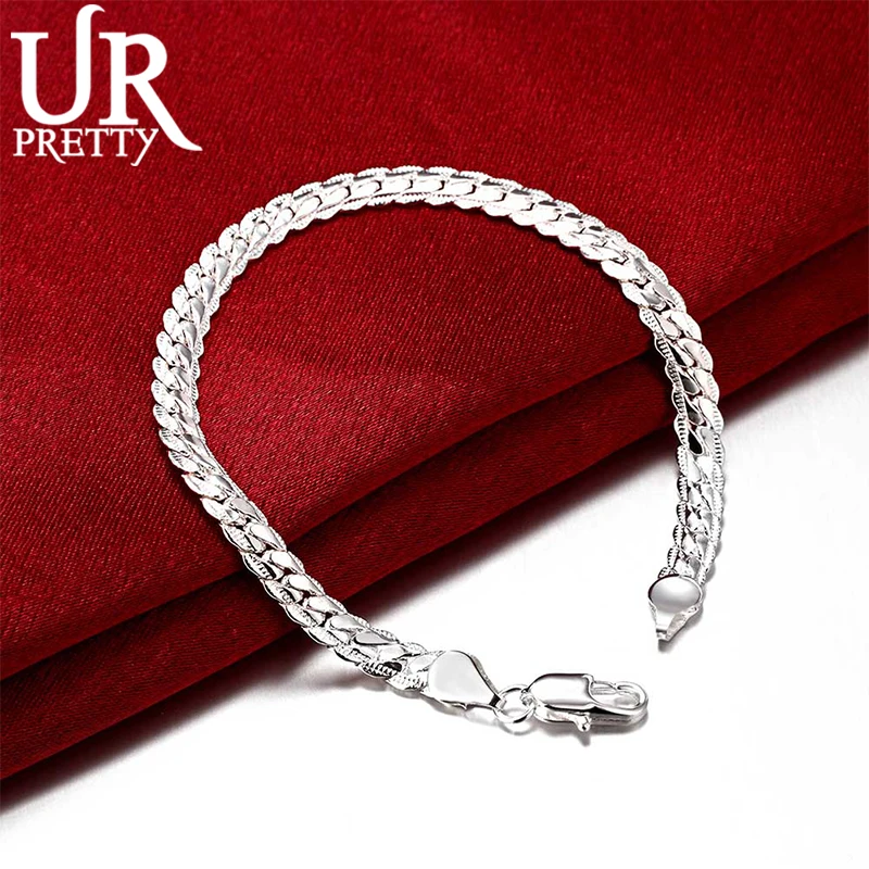 

URPRETTY 925 Sterling Silver 6MM Full Sideways Bracelet For Women Men Chain 20cm Bracelet Fashion Wedding Engagement Jewelry