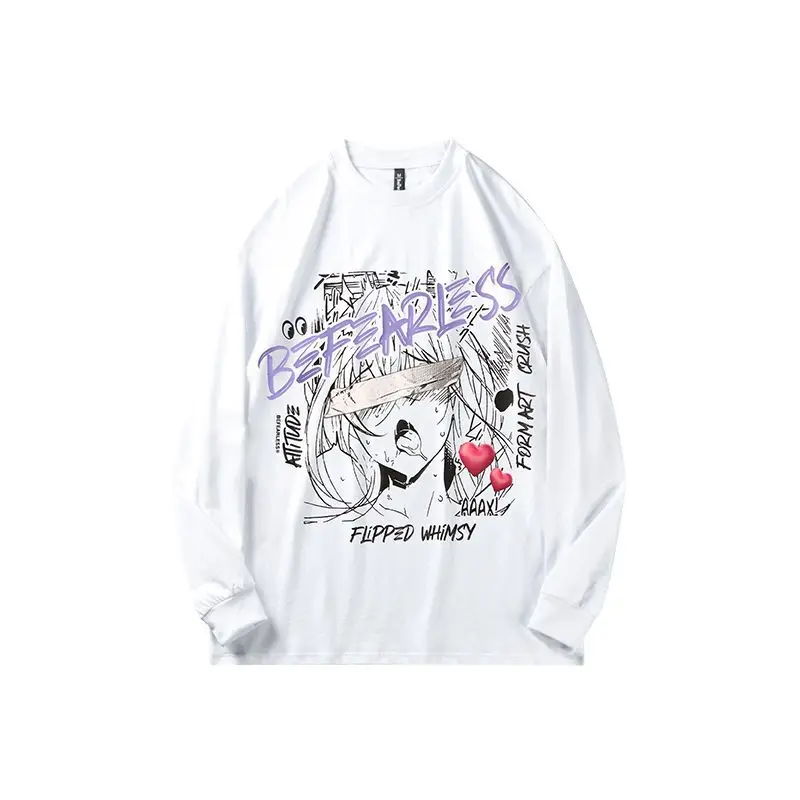 

Men Fearless T-shirt Anime Girl Print Tee Shirt Street Creative Retro Loose Couple Pullover American Cotton Long Sleeve Tshirts