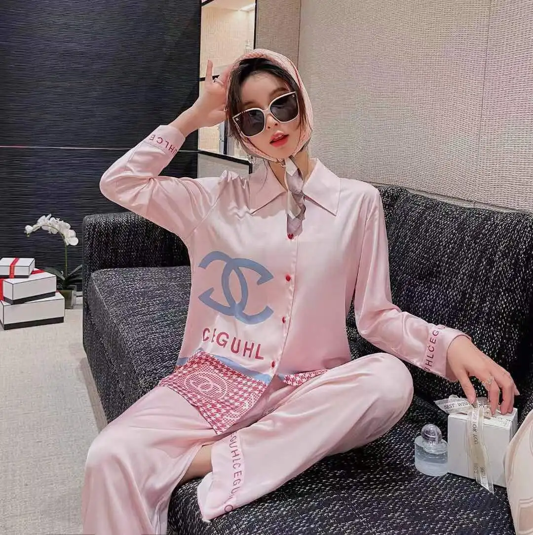 

Ice silk pajamas women's new spring long-sleeved suit plus size printed homewear women pajamas