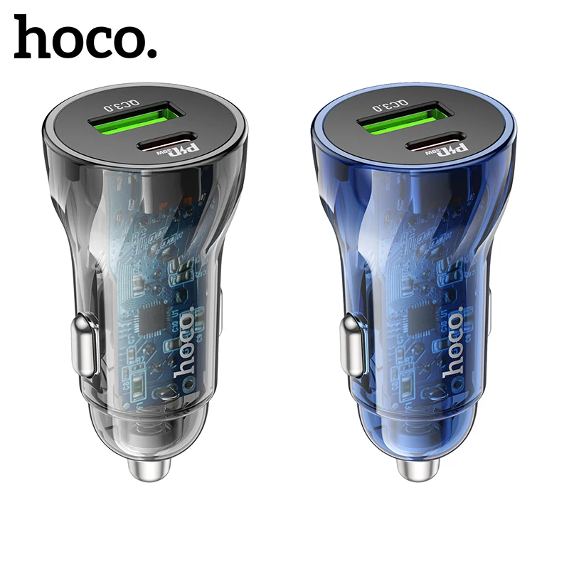 

HOCO Transparent PD30W QC3.0 Car Charger For iPhone 14 13 12 Pro Max PD Fast Charging Dual Port Car Adapter For Samsung S20 S21