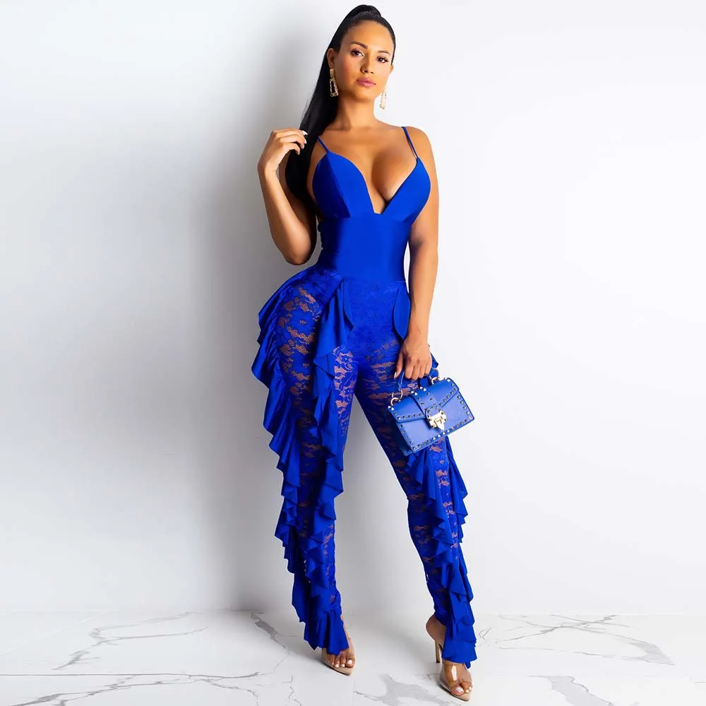 

Women Jumpsuits Sexy Solid Blue Hollow Out Lace-paneled Long Pants Jumpsuit Sleeveless Skinny Romper Clubwear Jumpsuits