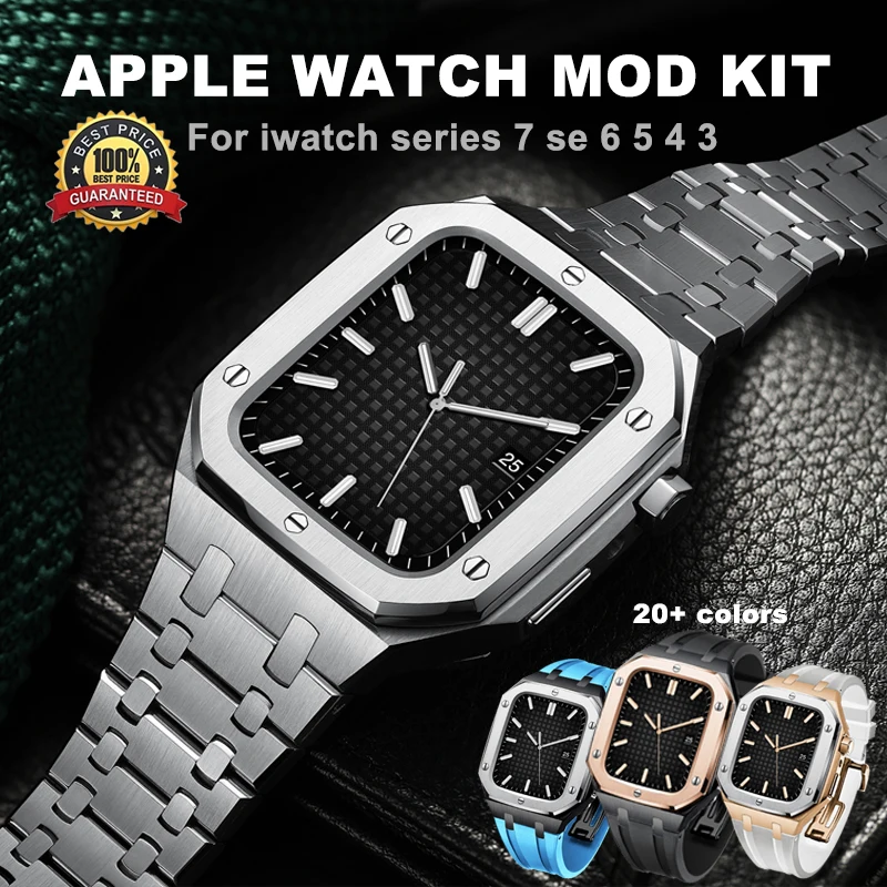 

Latest Modification Kit Metal Watch Case for Apple Watch band 45mm 44mm 42mm Stainless Steel Strap for iwatch 7 6 5 Rubber Band