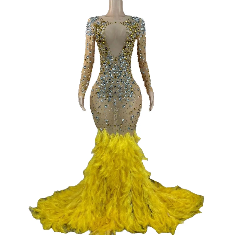 

Sexy Sparkly Rhinestone Mesh Feather Dress Prom Gown Evening See Through Crystals Costume