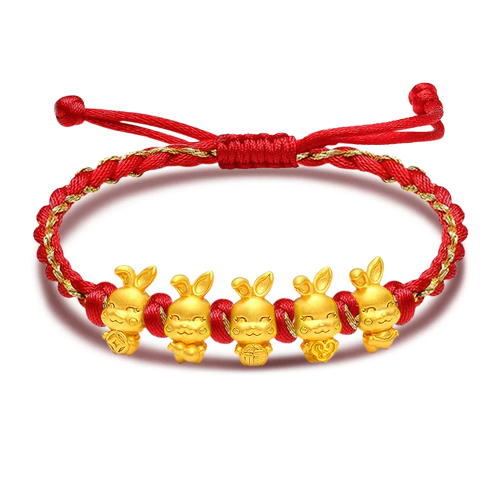 

Аутентичные 999 24K желтое золото 3D милая пятерка кролика из бисера Красная Трикотажная фотография