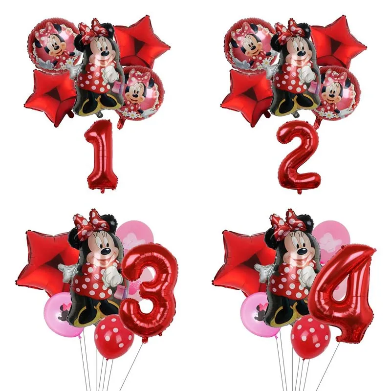 

Фольга из алюминия с изображением Красной Минни, набор латексных шаров с цифрами для детей, девочек, малышей, украшение для вечеринки в чест...