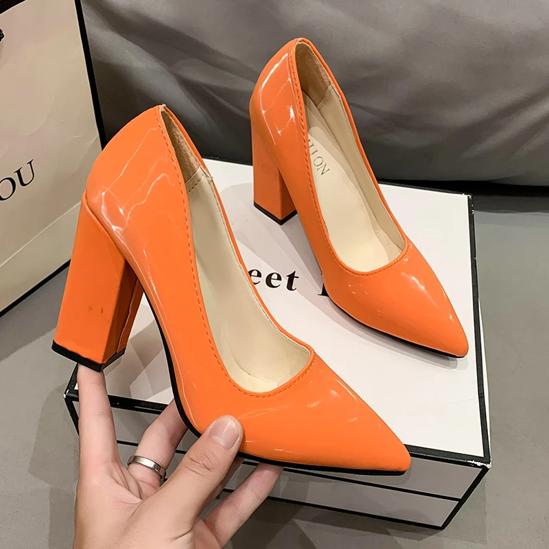 Colorful Pumps Women's Shoes 10cm High Heel Pointed Toe Fashion Chunky High Heels Patent Leather Shoes Female Plus Size 43