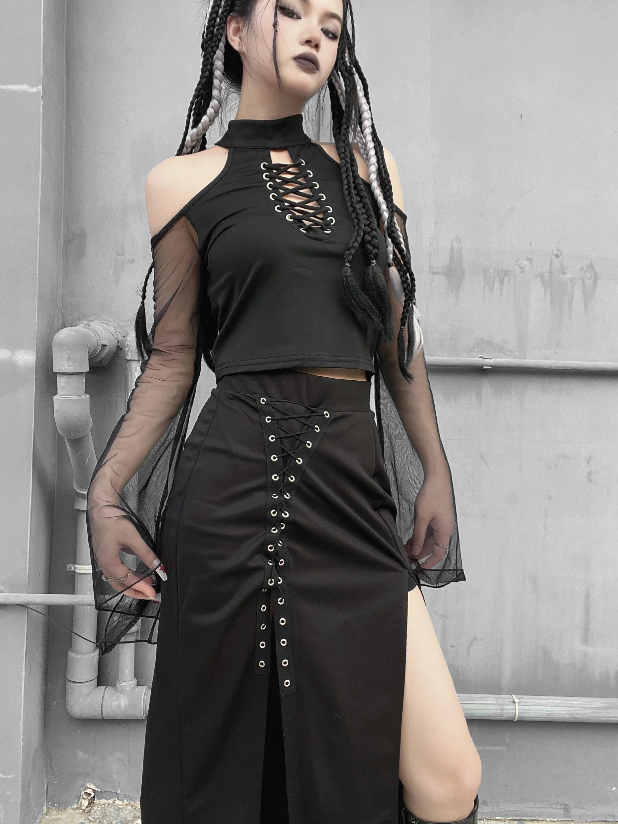 

Gothic Tops for Women Mesh Flare Sleeves Girl Hollow Out Off Shoulder Chiffon Short Dark Black T-shirt Fashion Female Clothing